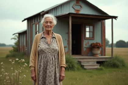 Femme âgée devant sa petite maison en bois recyclé