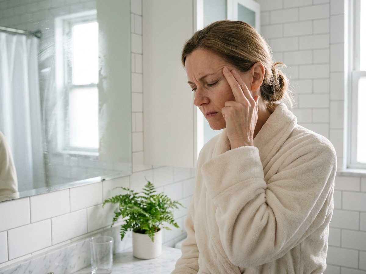 Femme d'âge mûr dans une salle de bain se tenant la tempe, symptôme de maux de tête associés à une carence en magnésium