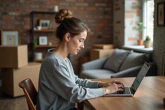 Femme mettant à jour son adresse sur France Travail en ligne avant un déménagement