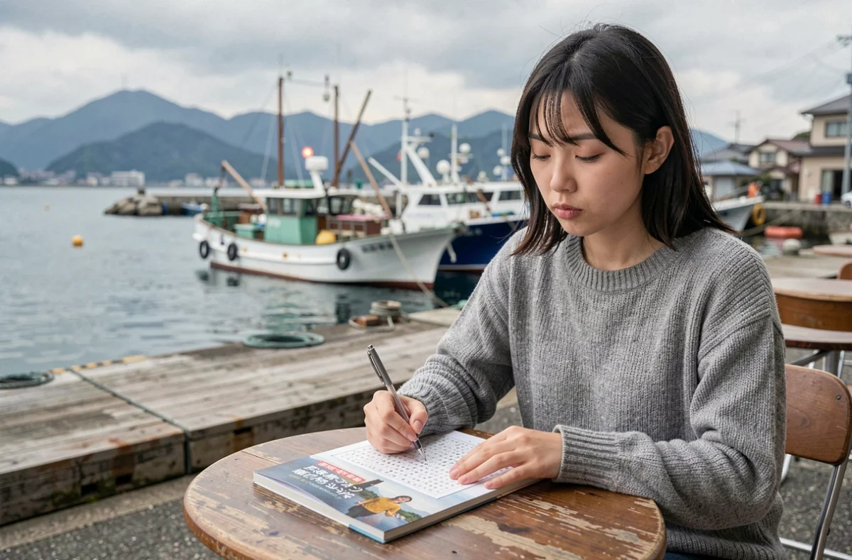 Jeune femme japonaise résolvant des mots croisés dans un café au bord d'un port japonais