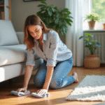 Femme nettoyant un salon avec un chiffon microfiber