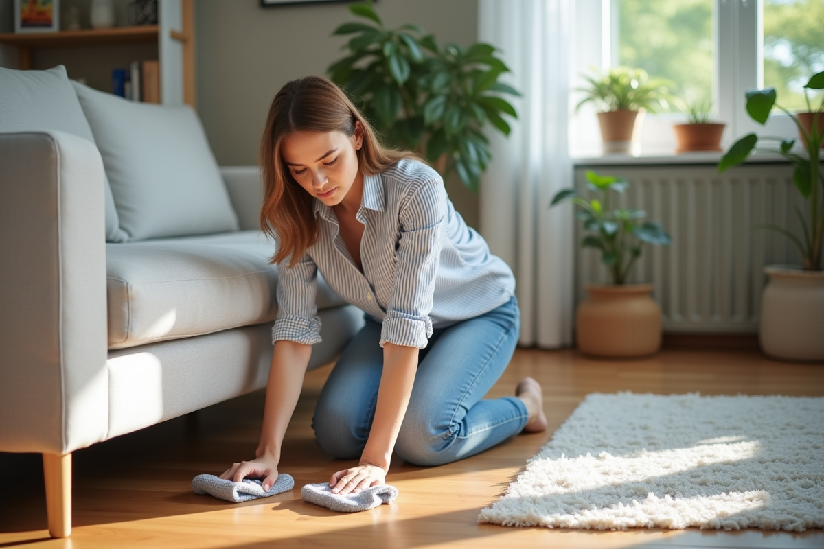 Femme nettoyant un salon avec un chiffon microfiber
