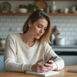 Femme assise à la cuisine avec smartphone et carnet