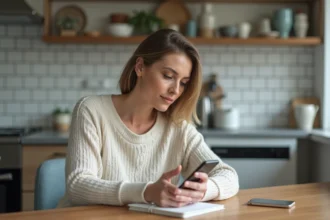 Femme assise à la cuisine avec smartphone et carnet