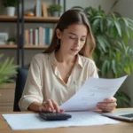 Jeune femme au bureau à domicile examine des documents de prêt
