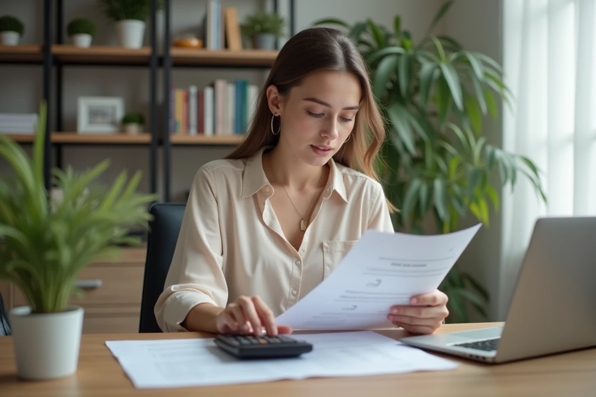Jeune femme au bureau à domicile examine des documents de prêt