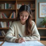 Jeune femme marquant sa progression sur un diagramme dans un bureau cosy