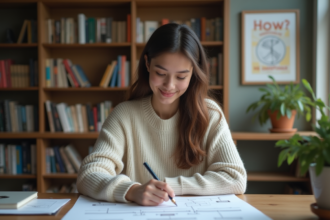 Jeune femme marquant sa progression sur un diagramme dans un bureau cosy