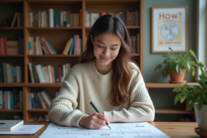 Jeune femme marquant sa progression sur un diagramme dans un bureau cosy