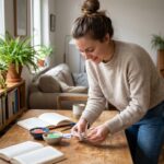 Jeune femme en sweater assemble un origami dans un salon chaleureux