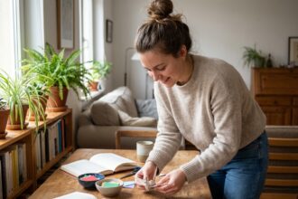 Jeune femme en sweater assemble un origami dans un salon chaleureux