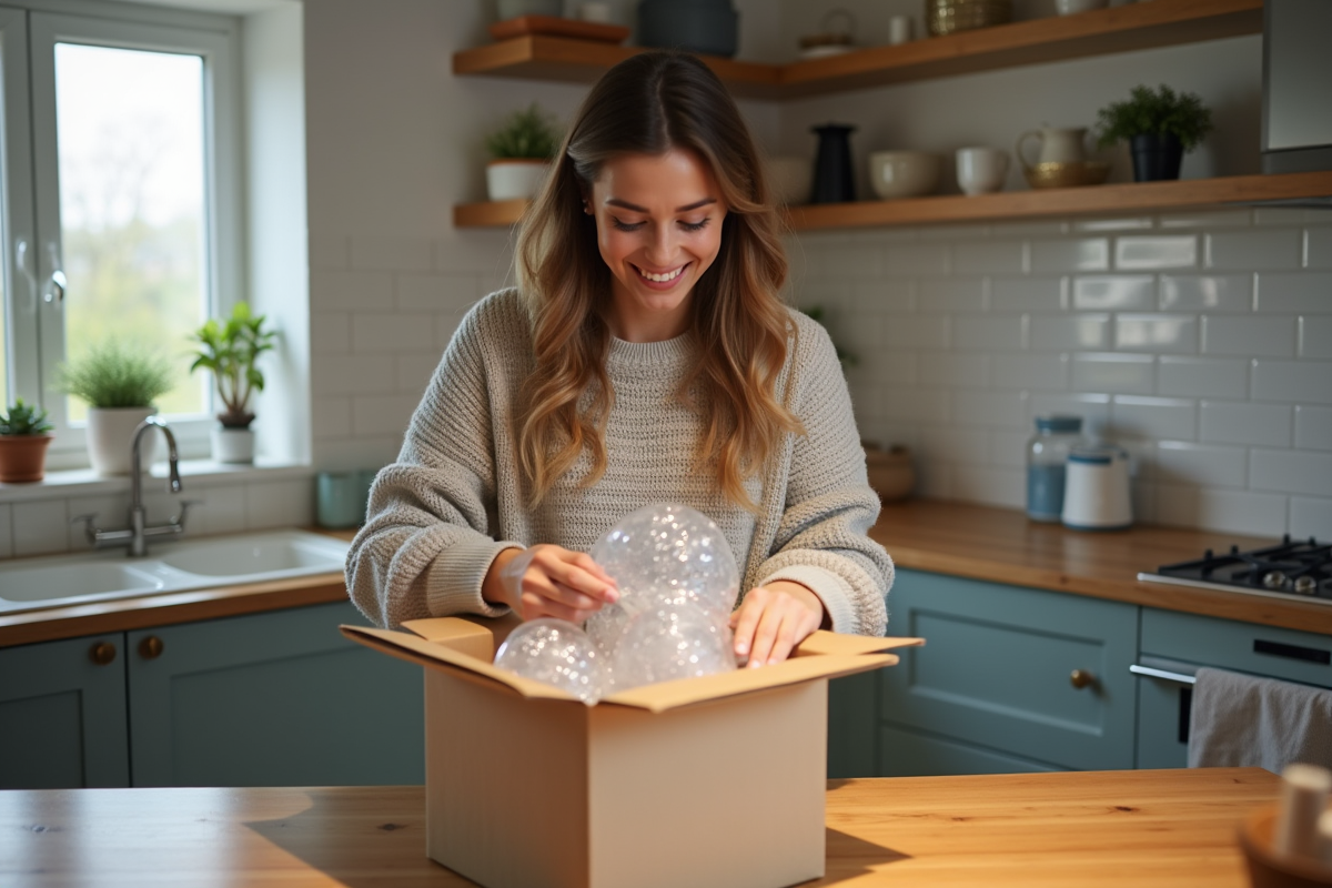 Femme souriante ouvrant un colis à la maison