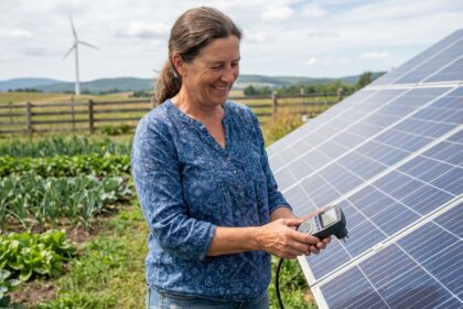 Femme souriante avec compteur électrique et panneaux solaires