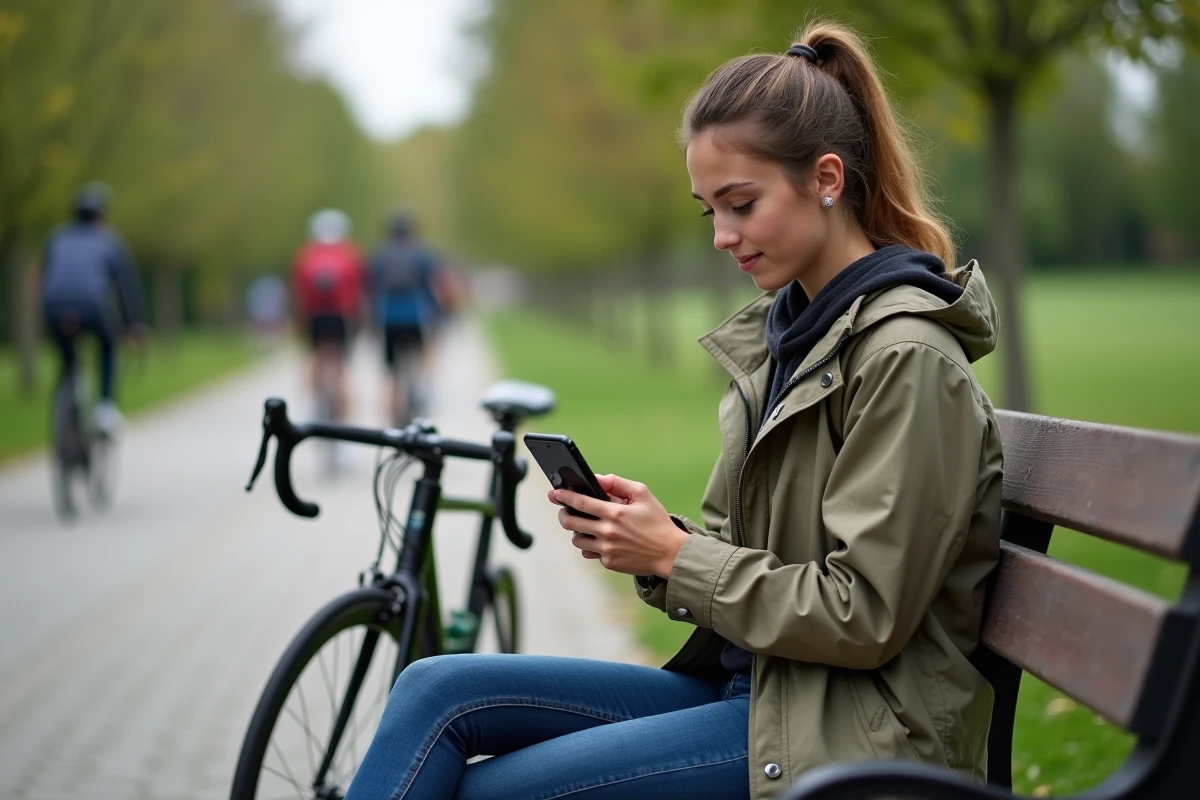 Jeune femme sur un banc de parc utilisant un smartphone avec tableau PSI