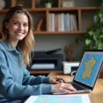 Femme souriante utilisant un ordinateur pour personnaliser une carte de France
