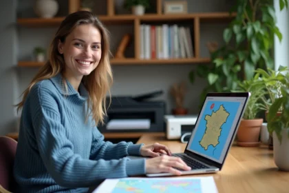 Femme souriante utilisant un ordinateur pour personnaliser une carte de France