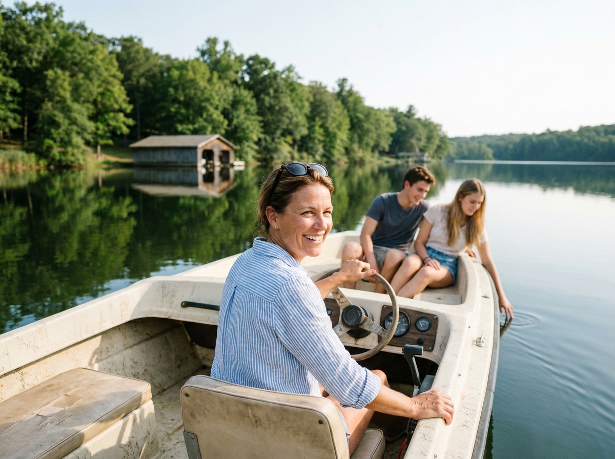 Femme pilotant un bateau électrique sans permis sur un lac calme en famille