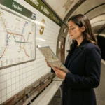Femme consultant le plan de la ligne 9 du métro parisien sur un quai de station