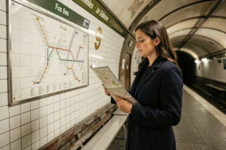 Femme consultant le plan de la ligne 9 du métro parisien sur un quai de station