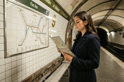 Femme consultant le plan de la ligne 9 du métro parisien sur un quai de station