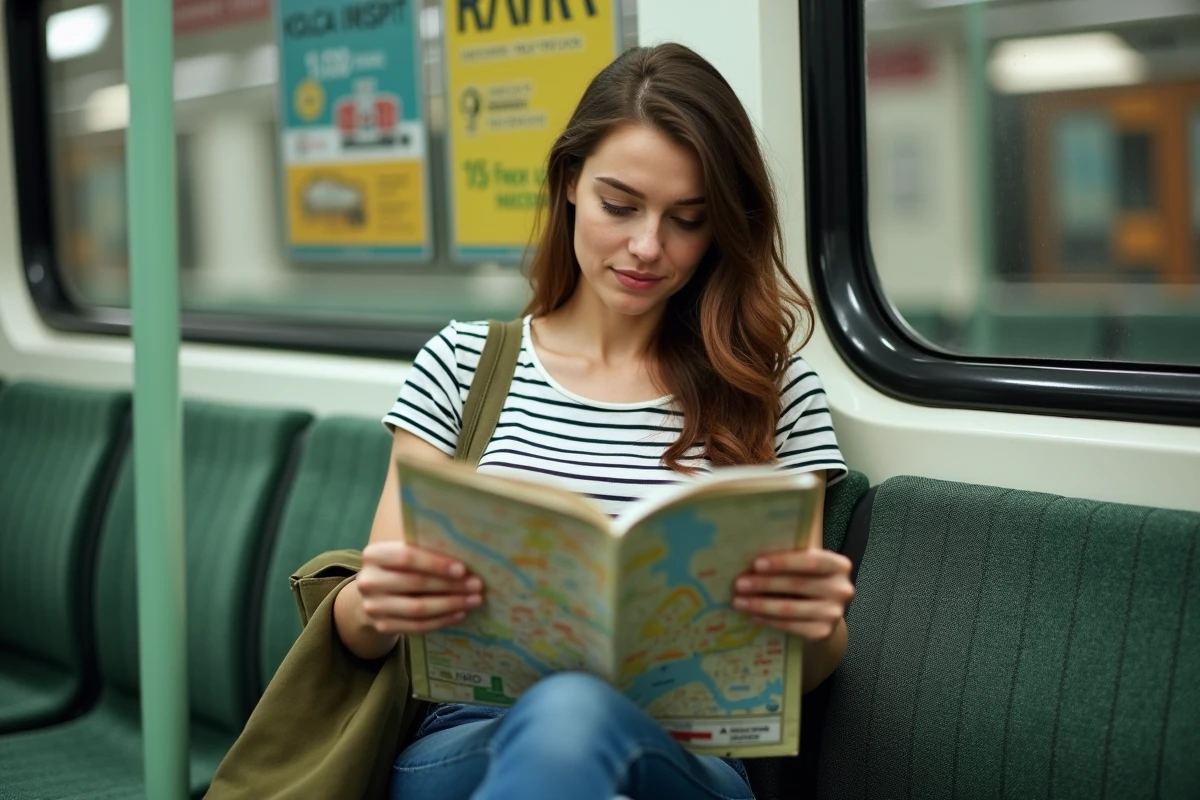 Femme consultant le plan papier du réseau métro Paris incluant la ligne 10 dans une rame RATP