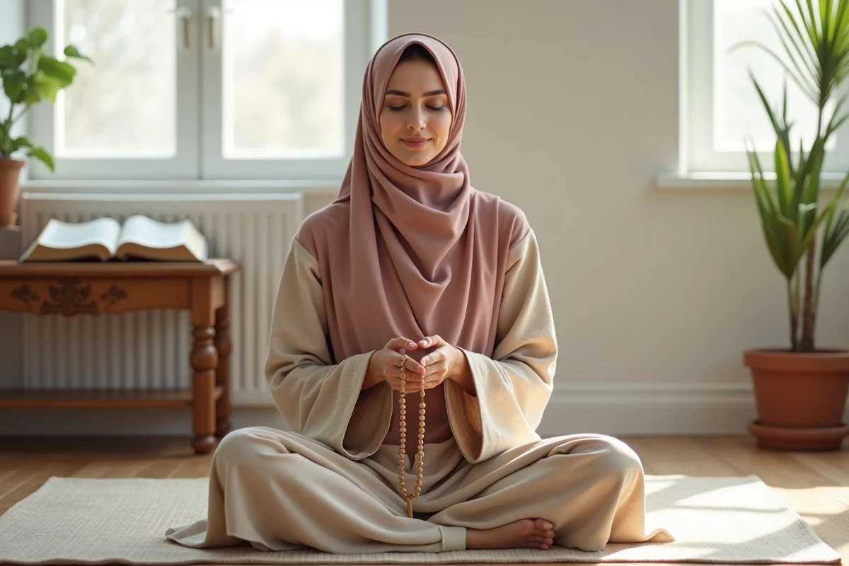 Femme musulmane en prière sur un tapis de prière dans un intérieur chaleureux à Agen