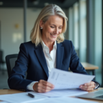 Femme d'affaires en bureau moderne examinant des documents
