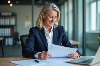 Femme d'affaires en bureau moderne examinant des documents