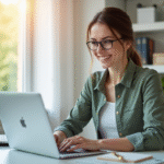 Jeune femme souriante vérifiant ses emails sur un ordinateur portable dans un bureau lumineux