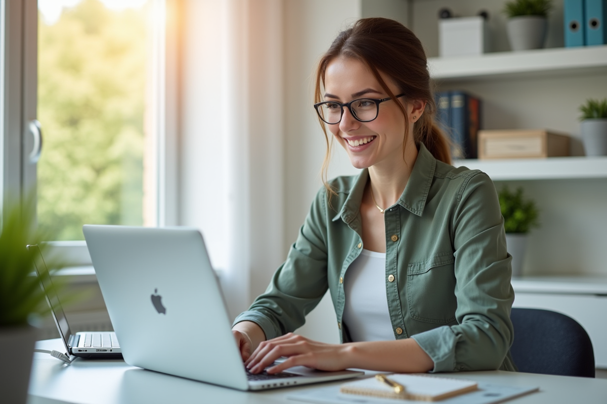 Jeune femme souriante vérifiant ses emails sur un ordinateur portable dans un bureau lumineux