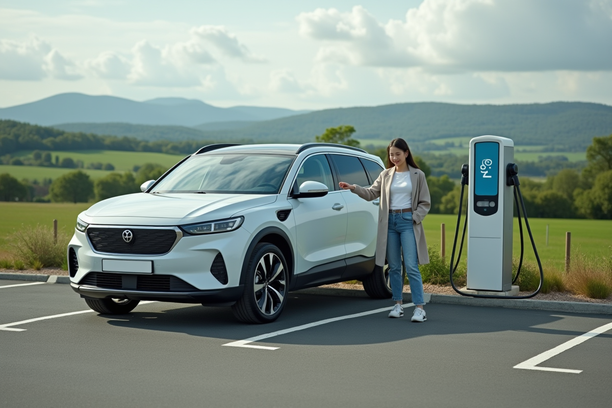 Jeune femme vérifiant une voiture à hydrogene en campagne