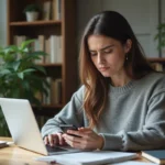 Femme rédigeant un texto sur son smartphone avec hésitation, illustrant la question orthographique 'le tient ou le tiens'