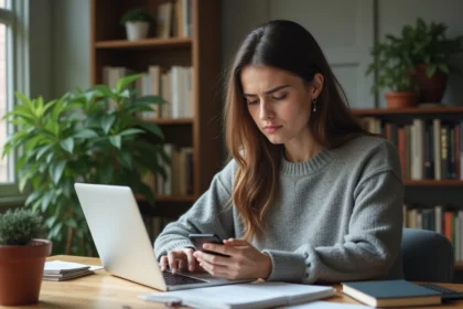 Femme rédigeant un texto sur son smartphone avec hésitation, illustrant la question orthographique 'le tient ou le tiens'