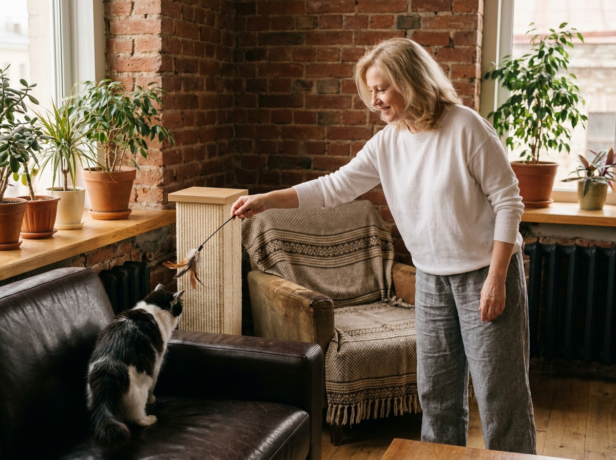 Femme guidant son chat loin d'un canapé en cuir avec une technique de redirection positive