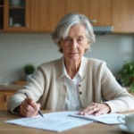Femme d'environ soixante ans examine un relevé financier à la maison