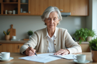 Femme d'environ soixante ans examine un relevé financier à la maison