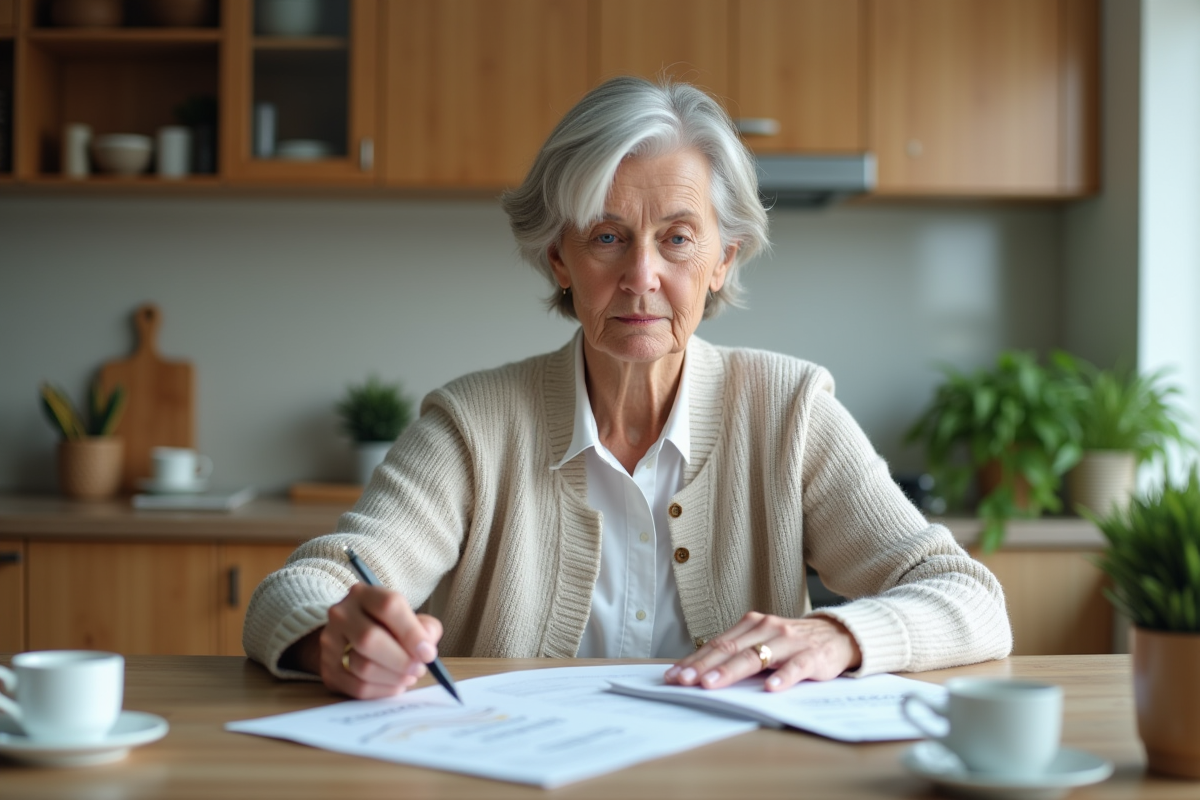 Femme d'environ soixante ans examine un relevé financier à la maison
