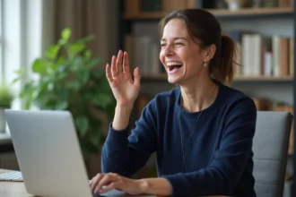 Femme qui rit pendant un appel visio depuis son bureau à domicile