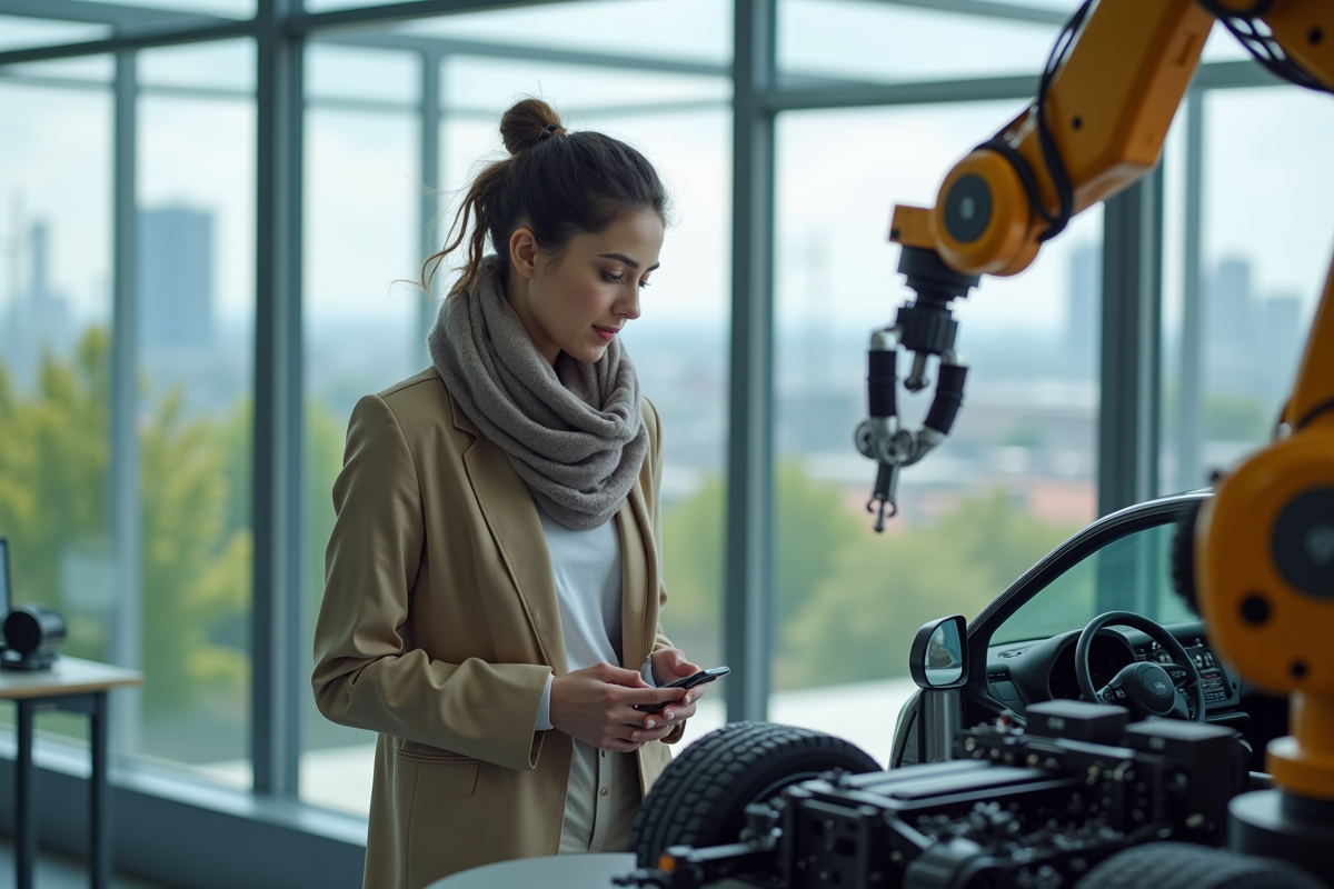 Jeune femme observant un bras robotique dans un laboratoire moderne