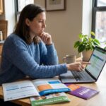 Femme en bleu examine brochures de sante dans sa cuisine
