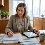 Femme d'âge moyen vérifiant documents santé à la maison