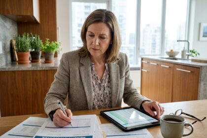 Femme d'âge moyen vérifiant documents santé à la maison