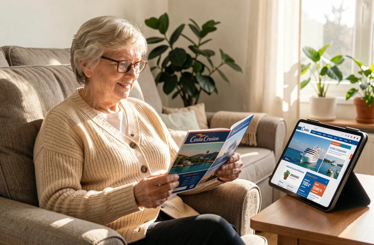 Femme senior comparant des offres de croisière Costa avec brochure et tablette numérique