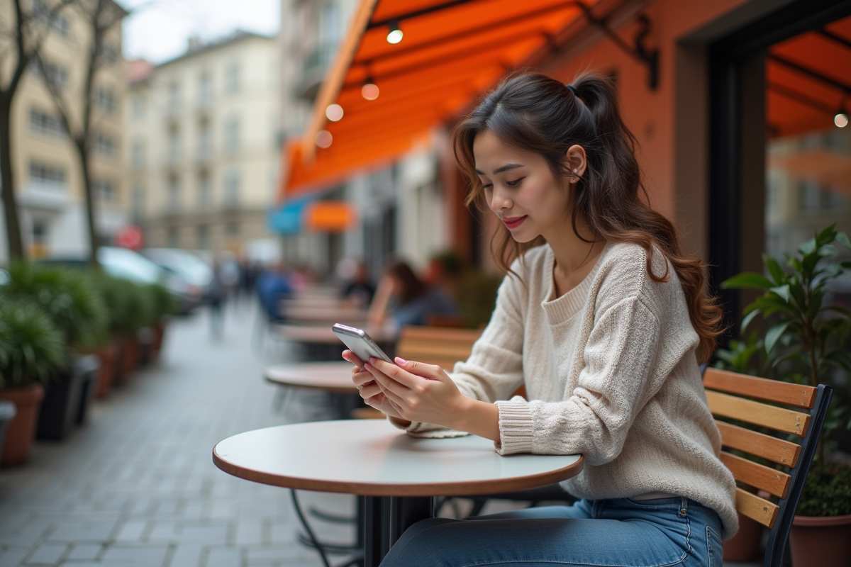 Jeune femme utilisant son smartphone pour accéder au portail Orange au café