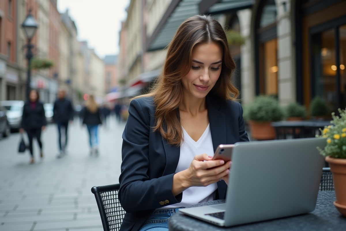 Jeune femme utilisant son smartphone dans un café urbain