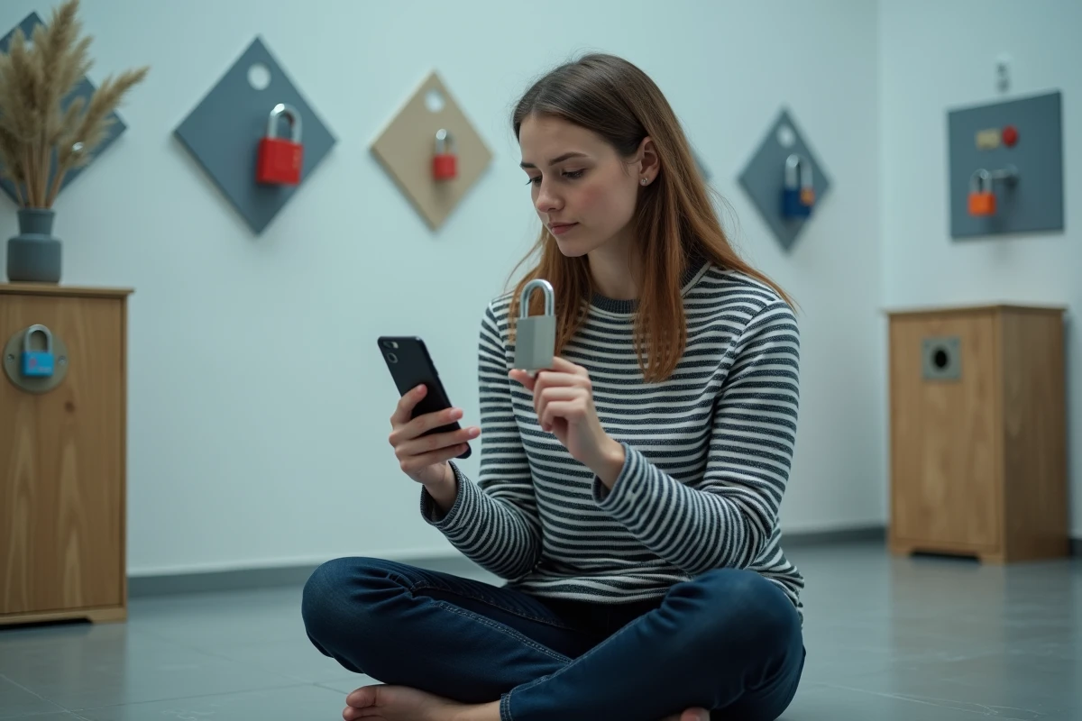 Femme consultant une solution d'indice sur smartphone pour résoudre une énigme d'escape game