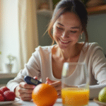 Femme souriante vérifiant son taux de sucre au matin