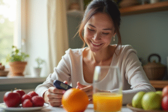 Femme souriante vérifiant son taux de sucre au matin
