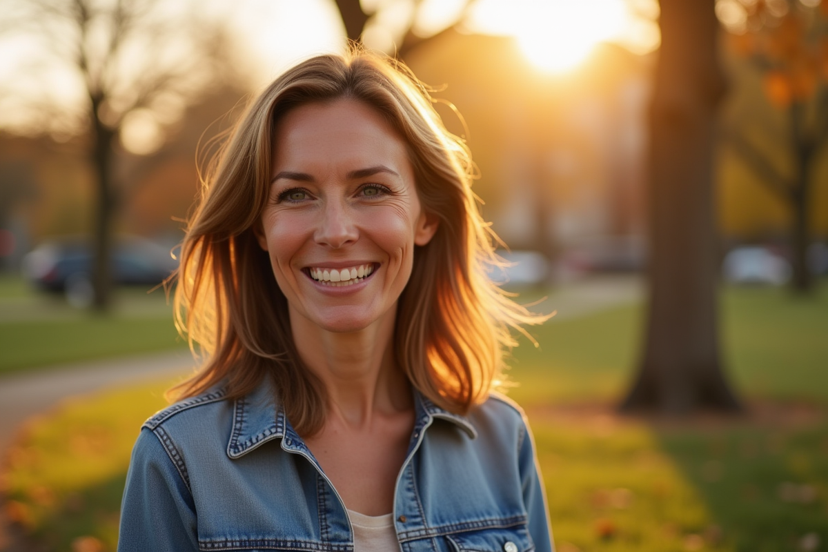 Femme souriante dans un parc en fin d