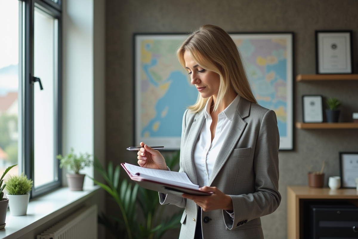 Femme professionnelle regardant une carte immobilière dans un bureau lumineux